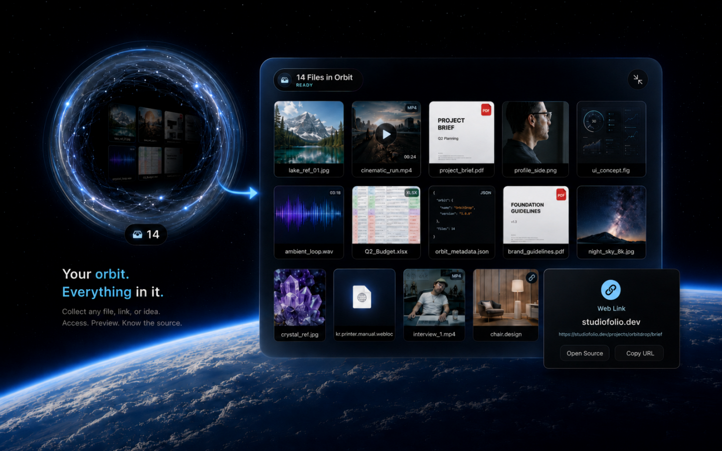 OrbitDrop floating shelf with orbit and file preview interface