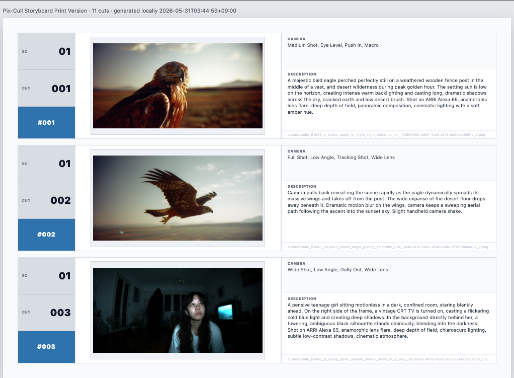 Pix-Cull Storyboard Print Preview