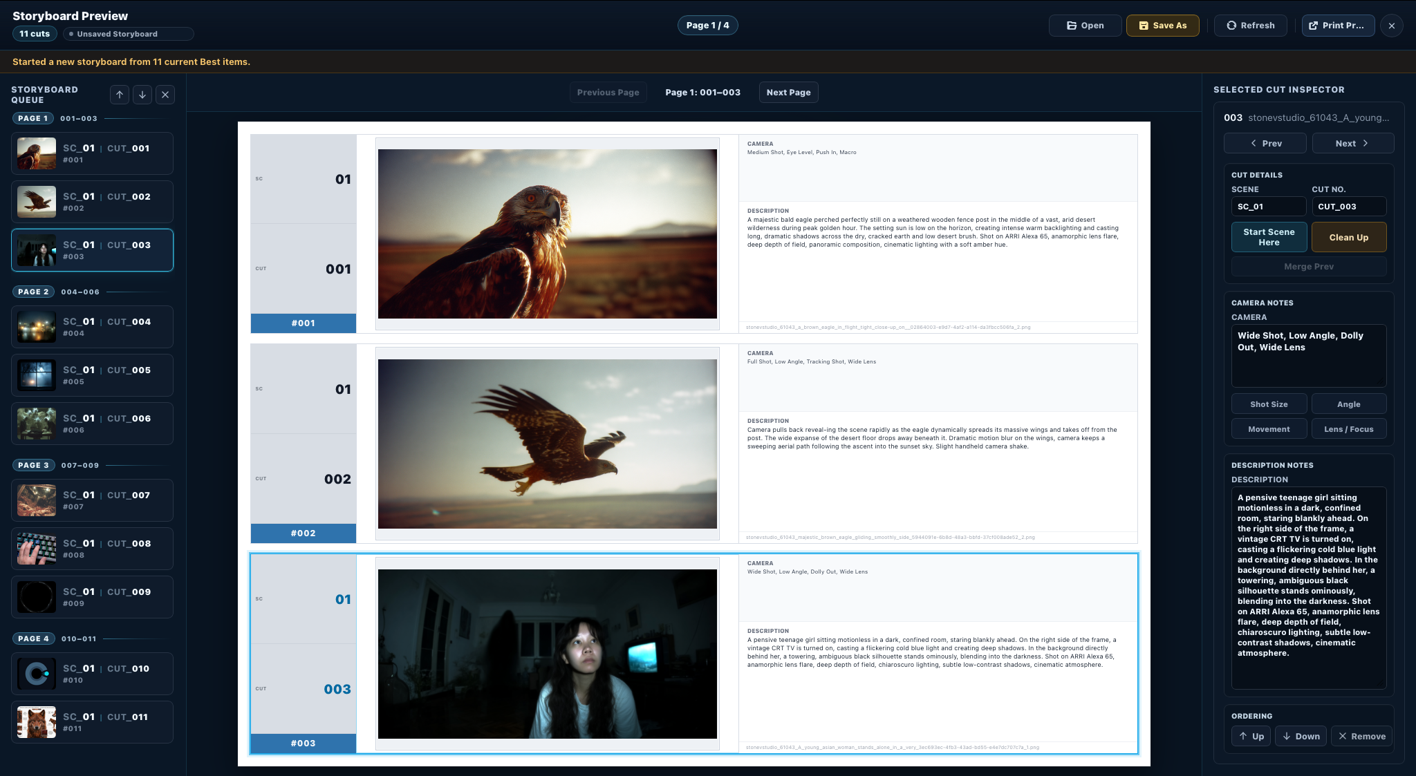 Pix-Cull Storyboard Window with queue, A4 preview, and inspector